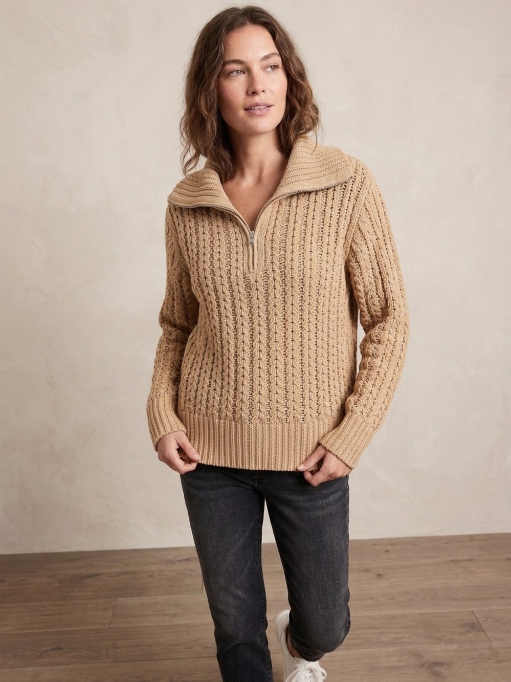 aerie Chunky Cable-Knit Half-Zip Turtleneck Sweater in Tan